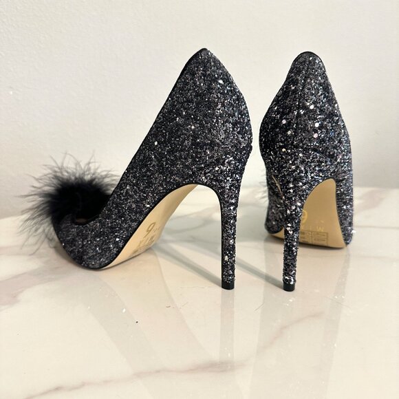 Black and Silver Glitter High Heels with Feather Poof - Picture 3 of 4
